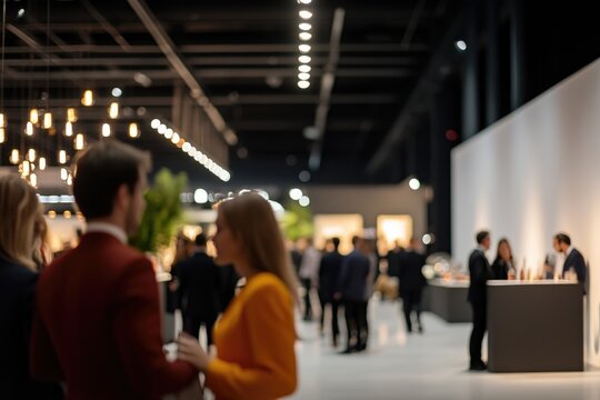 lively gathering in modern exhibition hall filled with people engaging in conversations wearing bright and formal attire
