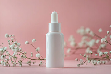 White bottle of facial cream mockup shoot, lots of nature, pastel pink and pastel earth colors 