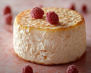 Round cheese wheel topped with fresh raspberries on a pink textured surface