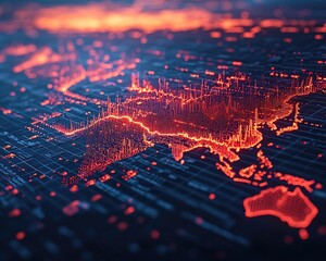 Digital representation of Asia and Australia with glowing data points and lines