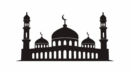 Mosque with minarets silhouette vector, Islamic architecture black religious icon