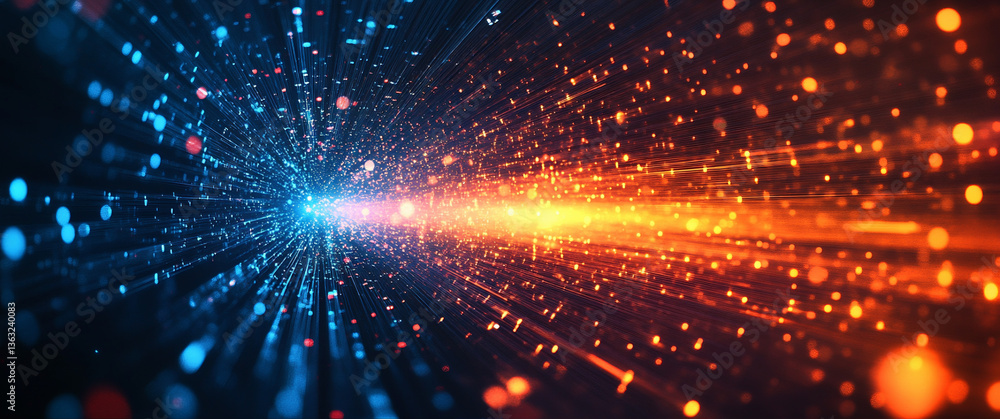 Poster abstract background with glowing light beams and particles of data transfer on dark blue, orange, an