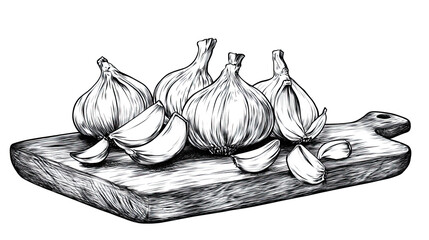 Garlic bulbs and cloves sketch engraving PNG on wooden board with transparent background for culinary use