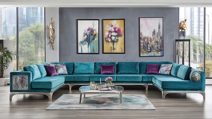 A modern teal sectional sofa in a contemporary living room