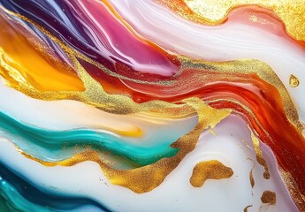 Obraz premium Abstract art with vibrant orange, blue, and gold tones, flowing lines and dynamic spots, energetic movement.