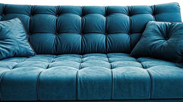 Teal tufted fabric sofa with wooden legs.