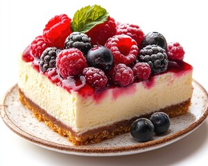Delicious cheesecake slice topped with fresh berries and mint on a plate