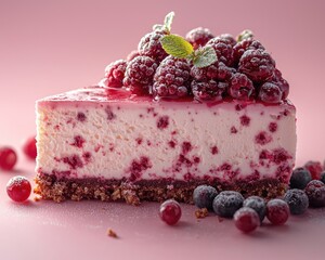 Delicious cheesecake slice topped with fresh berries on a pink background
