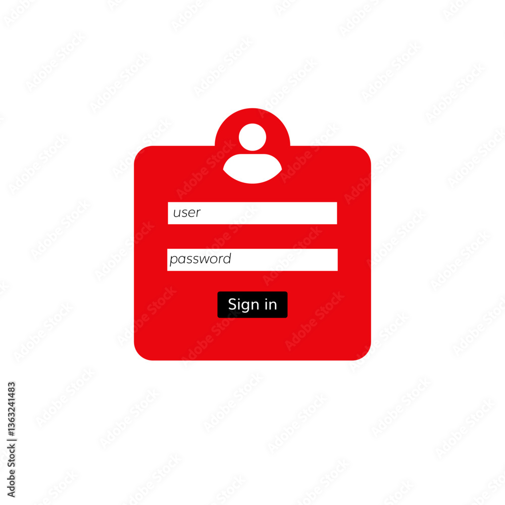 Poster red login screen features user and password fields, accompanied by a black sign in button beneath.