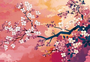 Japanese fabric pattern with cherry blossoms and flowers pink background