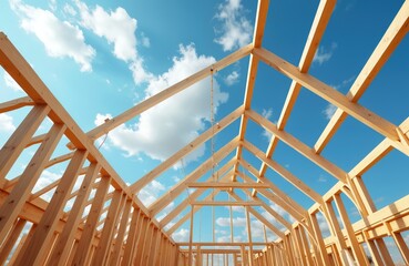 Wooden house construction. Building framework, residential home under blue sky. Residential construction, wooden frame, incomplete house project. Modern residence, real estate. Building new home,