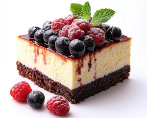 Delicious layered dessert with berries on top, showcasing vibrant colors and textures