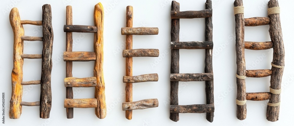 Poster rustic charm five wooden ladders displayed against a clean white backdrop capturing simplicity and n