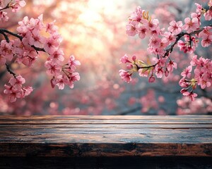 Blooming cherry blossoms framing a rustic wooden table at sunset