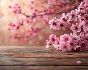 Beautiful pink cherry blossoms on a rustic wooden table against a blurred background
