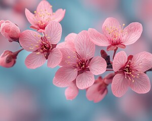 Delicate pink cherry blossoms in soft focus against a serene blue background