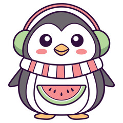 Cartoon Penguin with Headphones, Striped Scarf, and Watermelon Isolated Design
