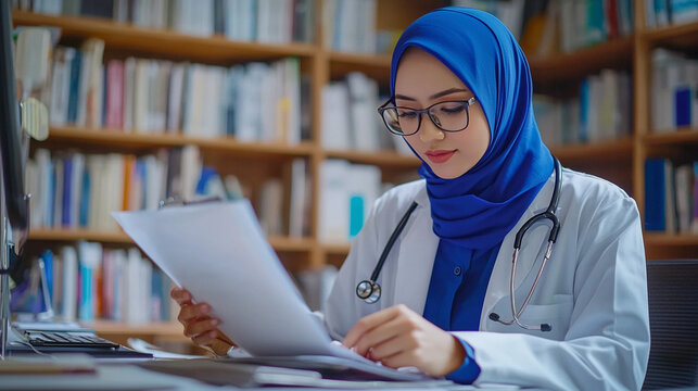 Woman in hijab, medical coat, reviews papers, sits at desk with books in background