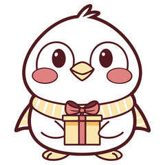 Cute White Bird Cartoon Gift Giving Icon With Scarf Isolated on White Background