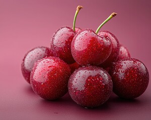 Fresh cherries glistening with water droplets on a purple background