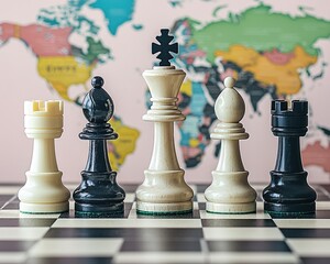 Chess pieces positioned on a board with a colorful world map background
