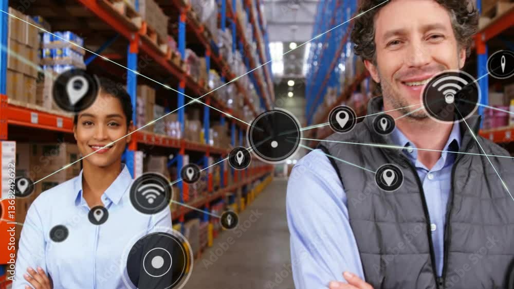 Poster in warehouse, workers smiling with animation of network connections and data icons