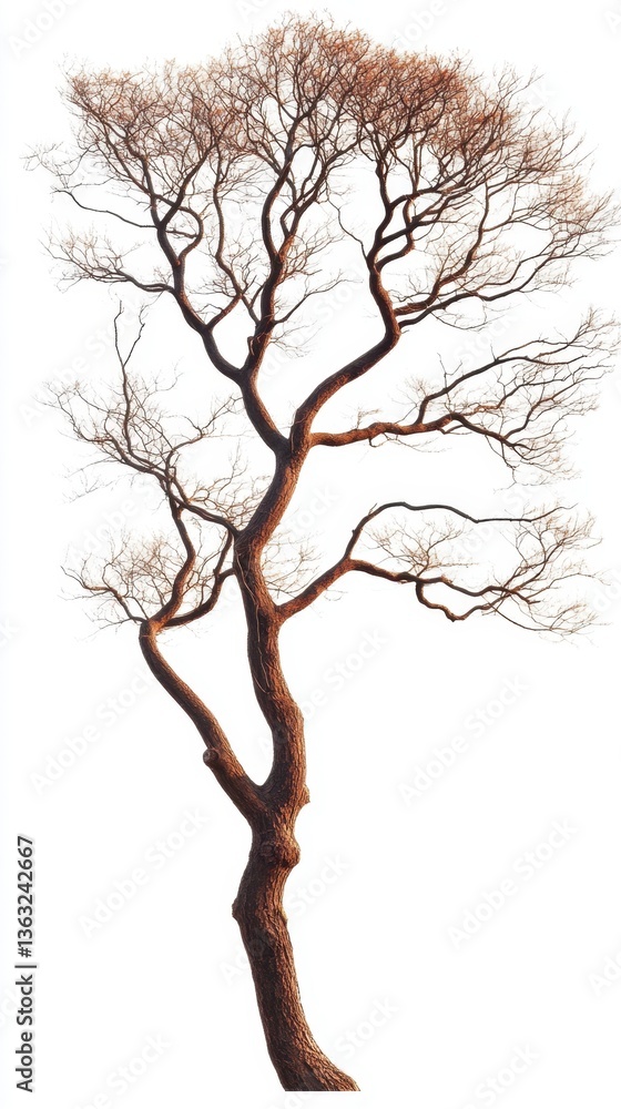 Poster solitary bare tree stands tall against a stark white background showcasing intricate branch patterns