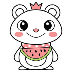 Cute White Bear Character with Crown and Watermelon Bib on Transparent Background