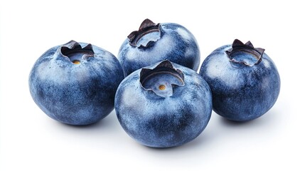 Obraz premium Four ripe blueberries are isolated against a plain white background