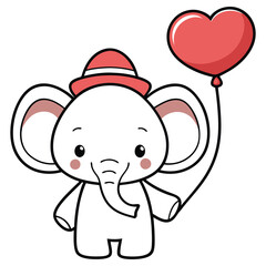 Cartoon Elephant with Red Hat Holds Heart Balloon on White Background