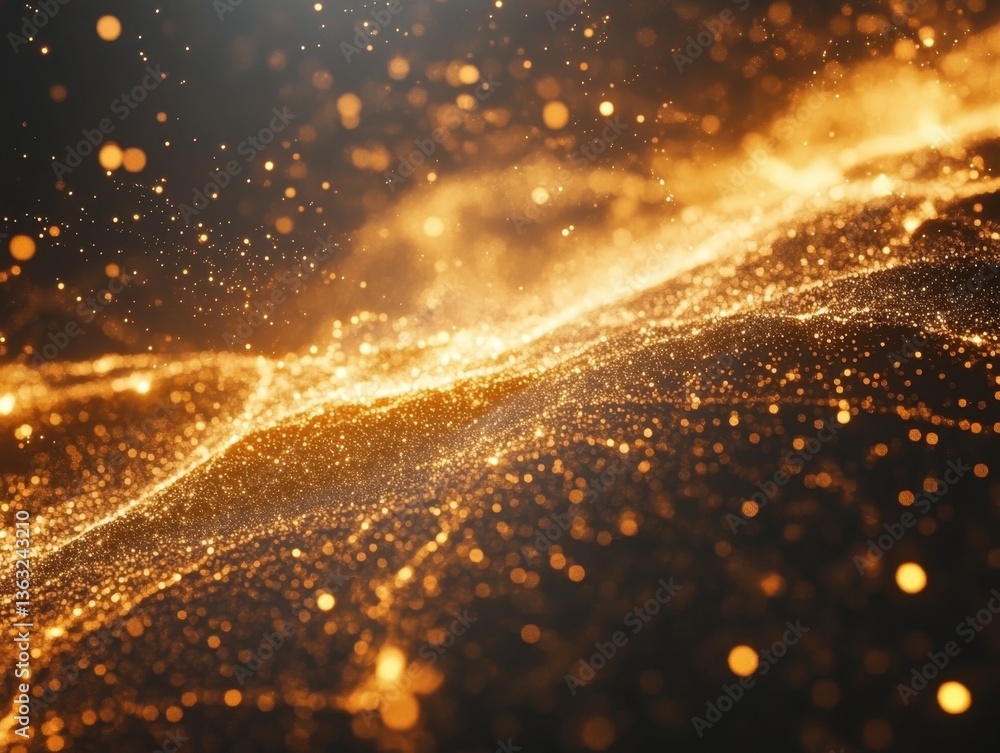 Poster ethereal golden particles dance in a cosmic wave creating a mesmerizing and captivating abstract bac