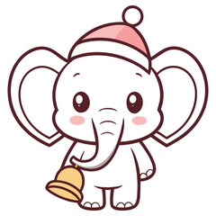 Cute Cartoon Elephant with Pink Hat Holding Bell on White Transparent Background