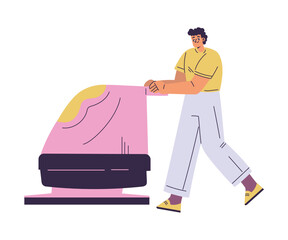 Cleaning with Man Character Vacuum Floor Do Cleanup Vector Illustration