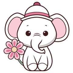 Cartoonish Elephant with Pink Flower and Hat, Outline on Isolated