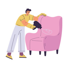 Cleaning with Man Character Remove Dust from Armchair Do Cleanup Vector Illustration