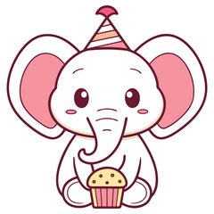 Cartoon Elephant Wearing Party Hat Holds Cupcake in on Transparent Background