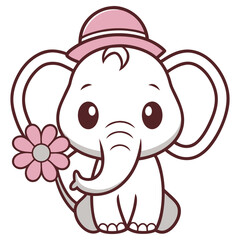 Charming Cartoon Elephant with Pink Hat and Flower on Transparent Background