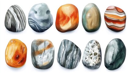 A hand-drawn watercolor art set depicting abstract rocks, Stones set hand drawn watercolor illustration isolated on white background.