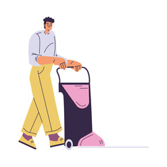 Cleaning with Man Character Vacuum Floor Do Cleanup Vector Illustration