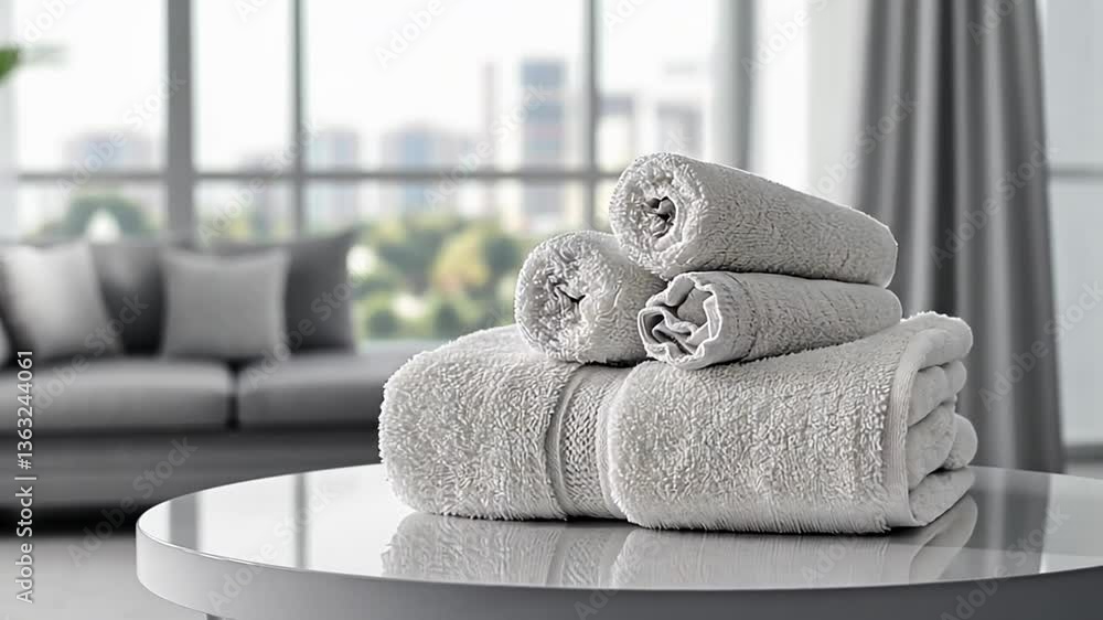 Poster white towels neatly rolled on table in modern living room setting generative ai