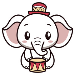 Cartoonish Elephant With Striped Hat Holding a Drum on White Background