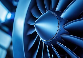 Close-up of airplane engine with intricate blue-toned structure, futuristic high-tech aesthetic, precision engineering.