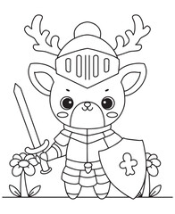 Coloring book deer knight in armor with a sword and shield, standing between flowers