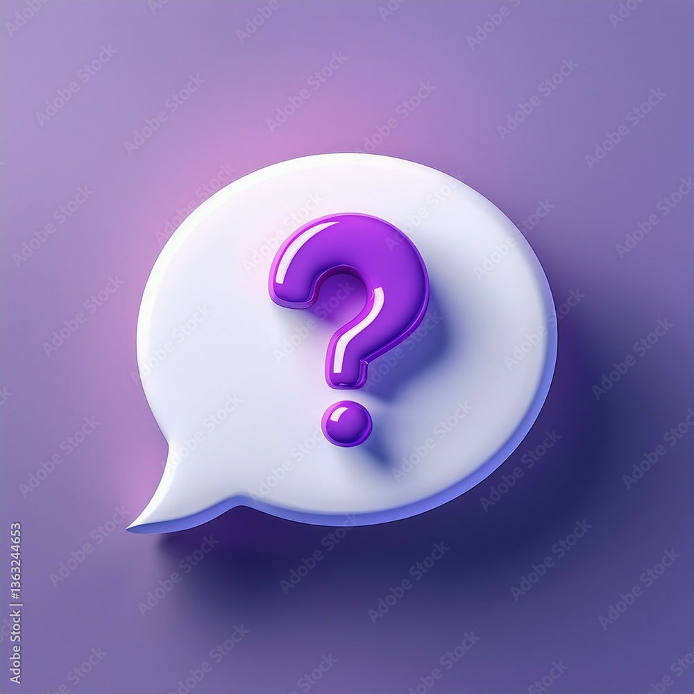Poster 3d speech bubble with question mark – light purple floating icon, minimalist help symbol, faq concep
