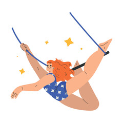 Circus Woman Gymnast Artist and Actor Character Fly with Rope Performing on Stage Vector Illustration © Happypictures