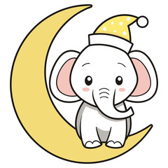Cartoon Elephant on Crescent Moon, Yellow Sleeping Hat with Stars, Transparent Background