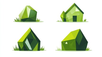 Obraz premium Green crystal houses and rocks, nature, game assets