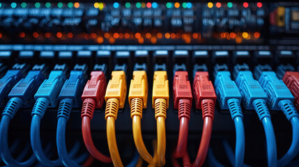 Network cables are arranged in vibrant colors, connecting to a server rack in a data center during the day