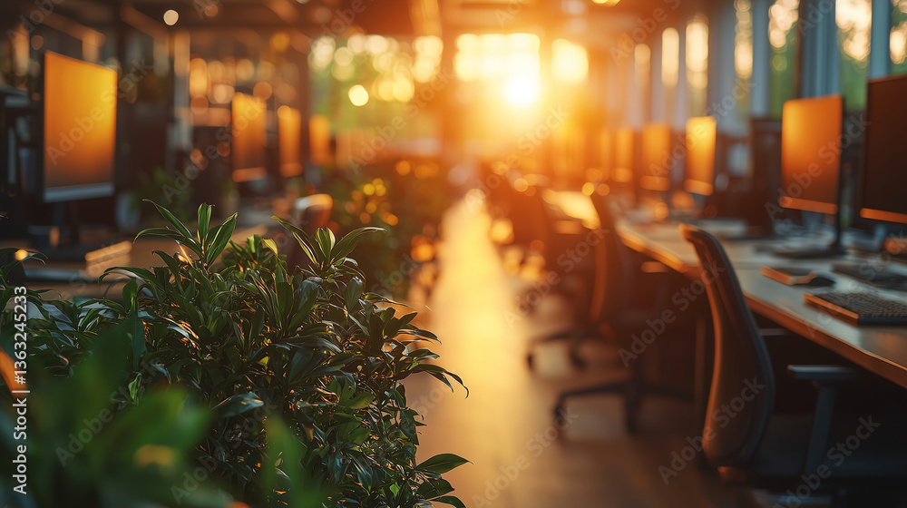 Poster sunset illuminating an office space with greenery and computers in a modern workspace setting