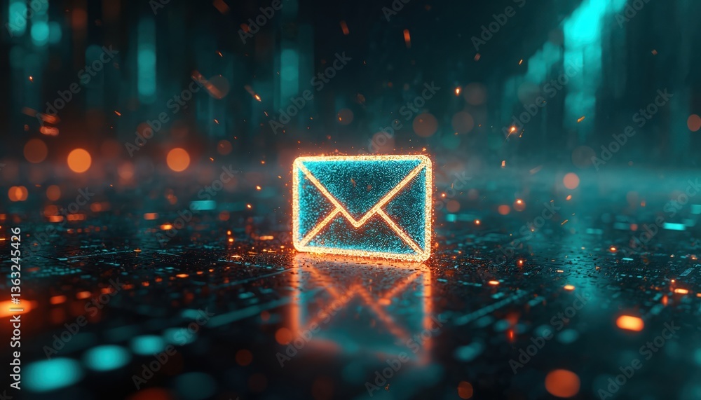 Poster Glowing email symbol over abstract digital background. Represents digital email marketing, data center, internet advertising. Sending documents digitally using email. Generative AI, cyberspace,